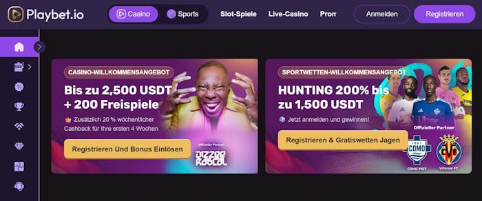 Playbet Casino Screenshot mit der Auswahl der Willkommensbonus Angebote.