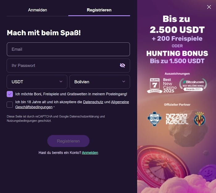 Playbet Casino Screenshot mit der Anmeldeseite, auf welcher die persönlichen Daten eingegeben werden.,