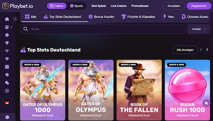 Screenshot vom Playbet Casino mit der Slot Auswahl.