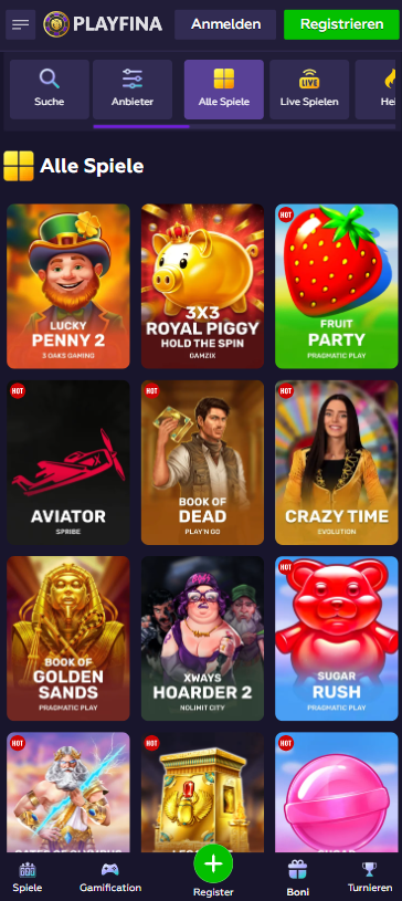 Spiellobby im Playfina Casino zeigt Spiele wie Fruit Party neben Filtern
