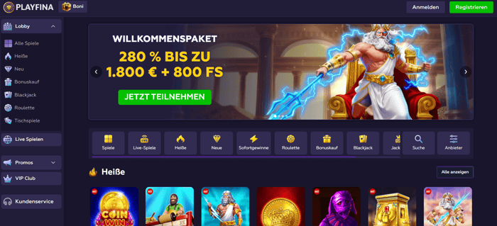 Playfina Screenshot mit dem Paypal Willkommensbonus.