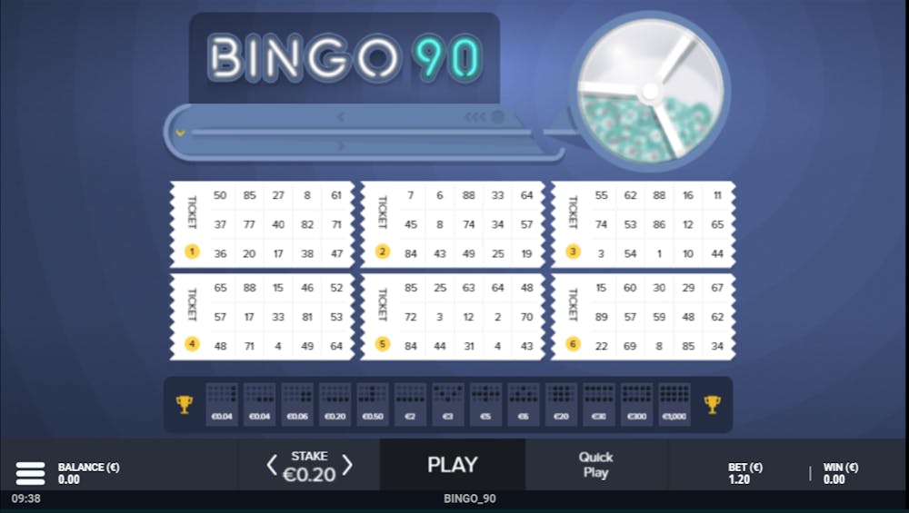 Online Bingo 90 Spielansicht mit sechs Bingokarten, Einsatz von €0,20 und Gesamtwette von €1,20. Verschiedene Preisoptionen und Spieloptionen im unteren Bildschirmbereich.