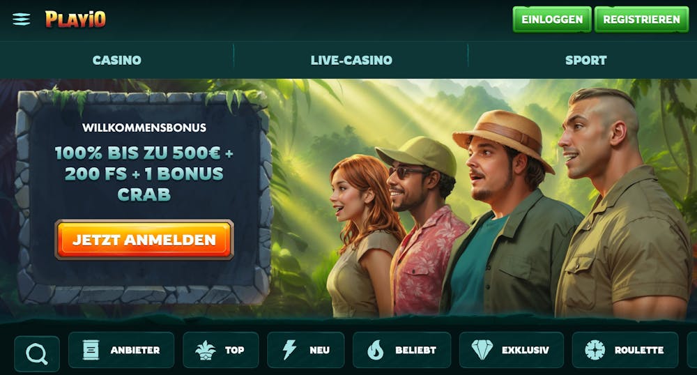 Startseite des Playio Casinos zeigt Willkommensbonus und Spielkategorien