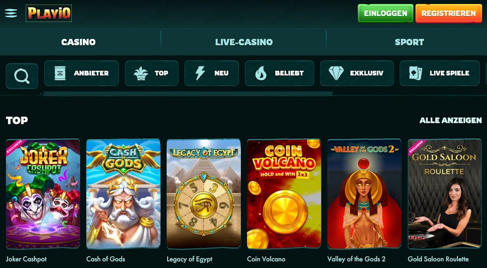 Spiellobby im Playio Casino zeigt top Spiele wie Cash of Gods neben anderen Spielkategorien