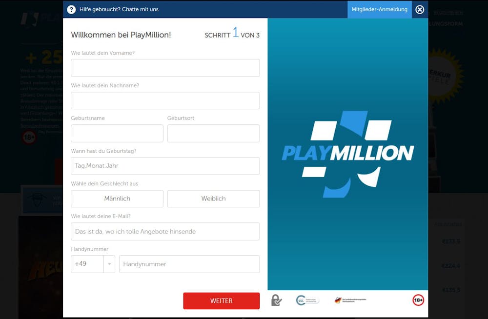 PlayMillion Casino Kontoeröffnung