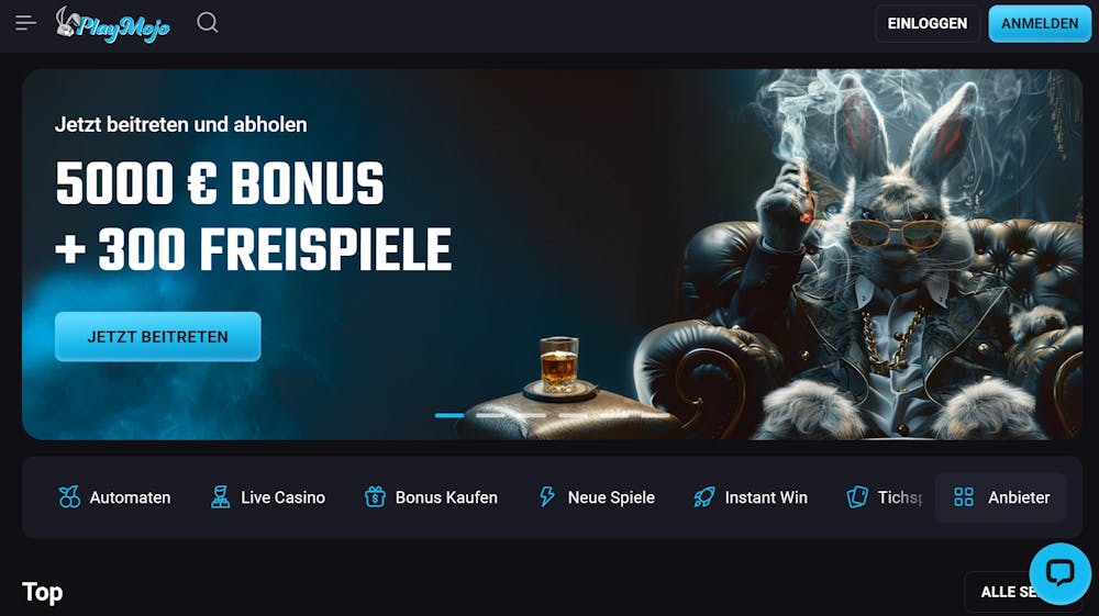 Die Startseite von PlayMojo Caisno mit einer Beschreibung über den WIllkommensbonus von 5.000 € Bonus + 300 Freispiele