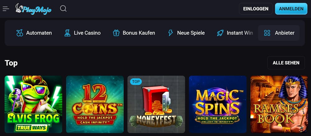 Eine Übersicht über die vielen verschiedenen Slots bei PlayMojo Casino, mit Titeln wie Ellvis Frog und Magic Spins