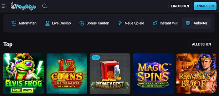 Eine Übersicht über die vielen verschiedenen Slots bei PlayMojo Casino, mit Titeln wie Ellvis Frog und Magic Spins