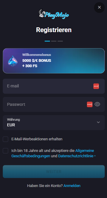 Das Registrierungsformular bei PlayMojo Casino
