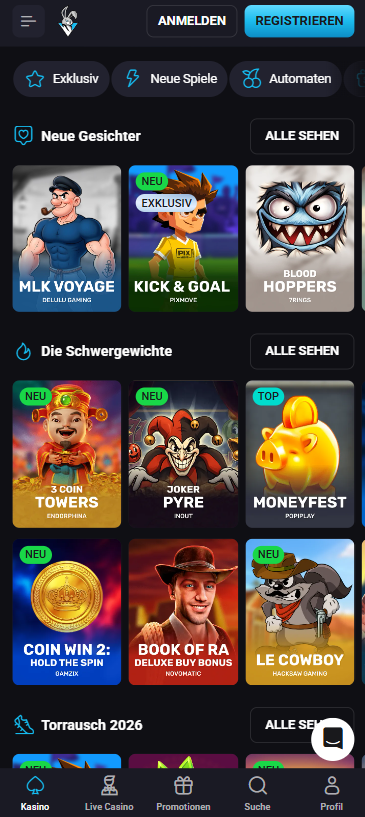 Spiellobby im PlayMojo Casino zeigt Spiele wie Moneyfest neben anderen Spielkategorien