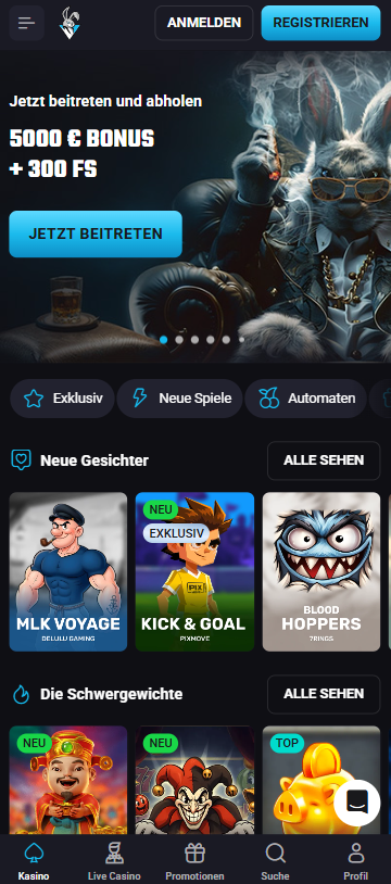 Startseite im Play Mojo Casino zeigt Willkommensbonus und neue Spiele