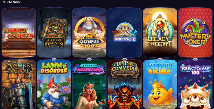 Beispielhafte Spiellobby mit Casino Spielen von Play'n GO
