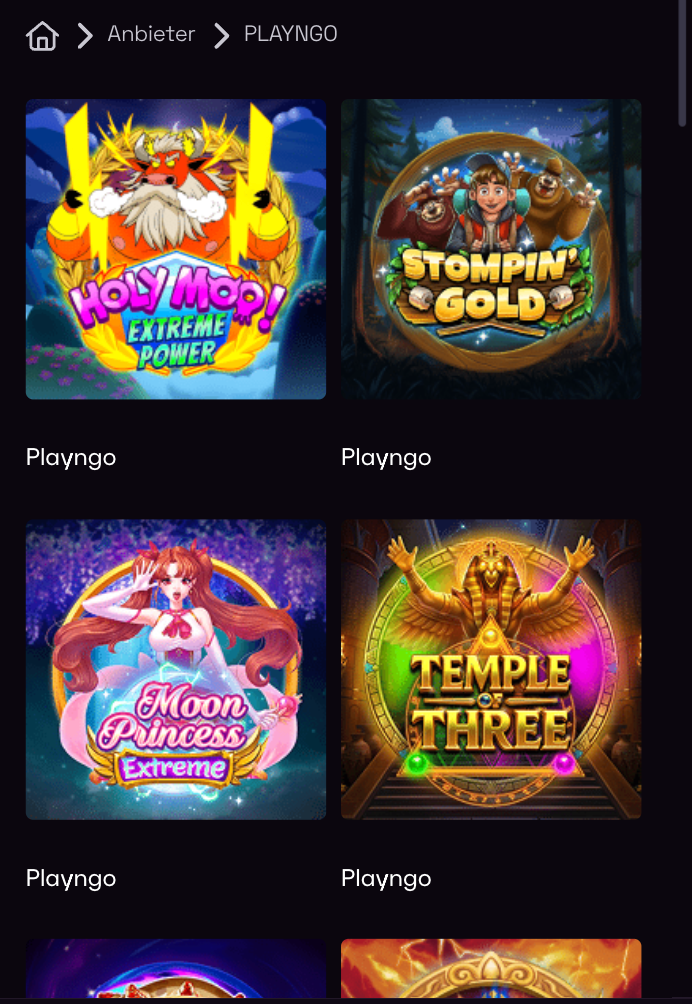 Beispielhafte Spiellobby mit Casino Spielen von Play'n GO