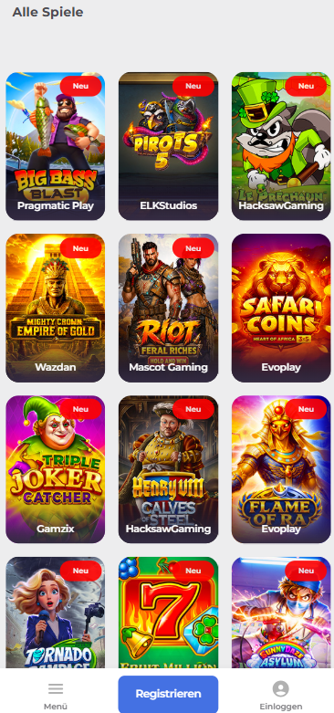 Spielauswahl im Pledoo Casino zeigt Spiele wie Big Bass Blast