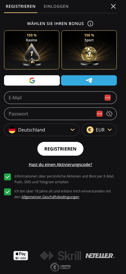 Lex Casino Registrierungsformular mit Bonusauswahl