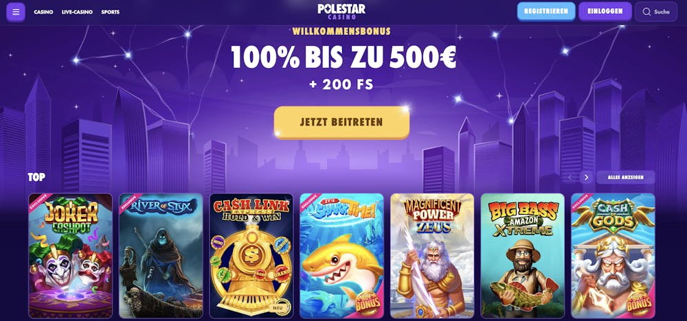 Startseite des Polestar Casinos mit Willkommensbonusbanner, Top Spielen, Menü, Anmeldebutton und Suchleiste