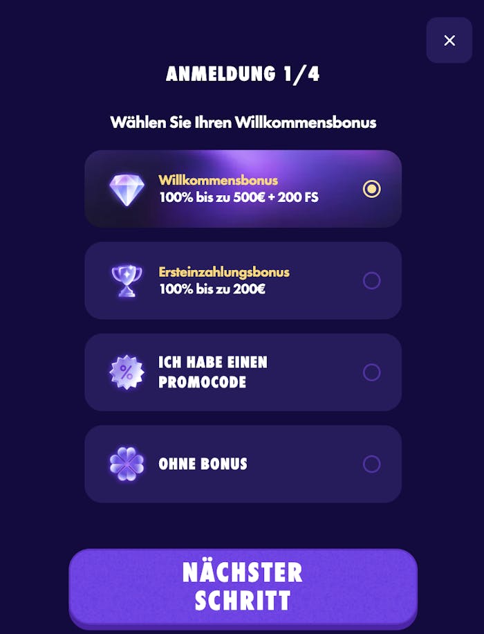 Anmeldeformulat im Polestar Casino mit Auswahl von Willkommensbonus, Ersteinzahlungsbonus, Promo Code oder keinem Bonus