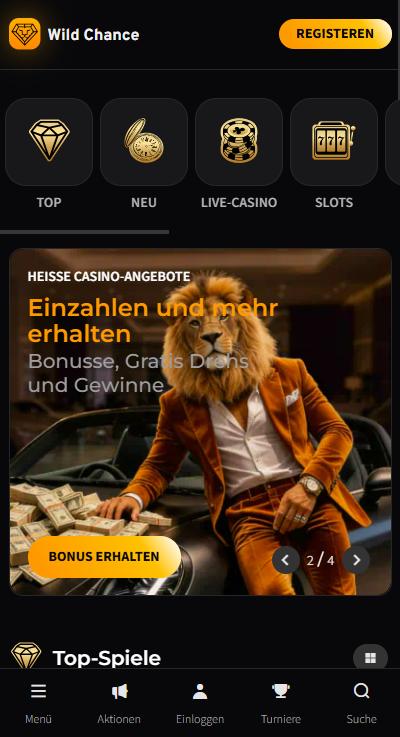 Wildchance Casino Screenshot mit der Startseite und dem Willkommensbonus.