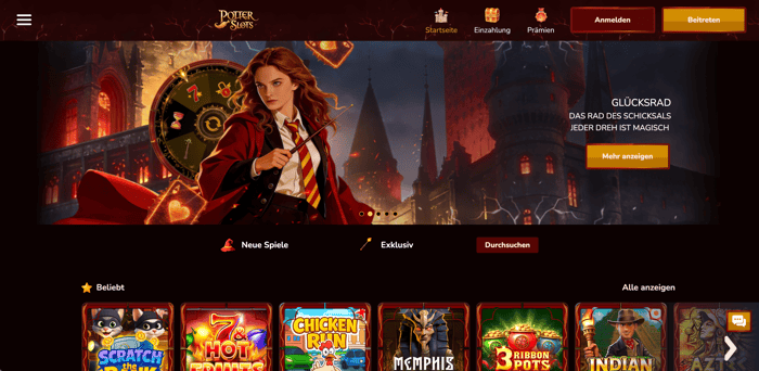 Startseite im Potter Slots Casino zeigt beliebte Spiele, Glücksradwerbung und Menü