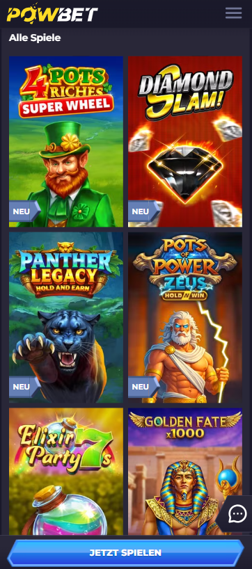 Spiellobby im Powbet Casino zeigt Spiele wie Diamond Slam