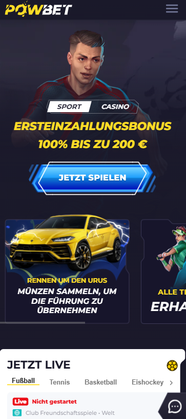 Startseite im Powbet Casino zeigt Einzahlungsbonus