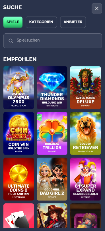 Screenshot vom Crown Pokies Casino mit der Slot Seite und Suchleiste.