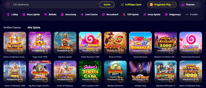 Beispielhafte Spiellobby im Pragmatic Play Casino