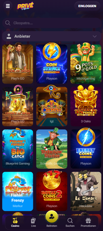 Prive Casino Spielauswahl