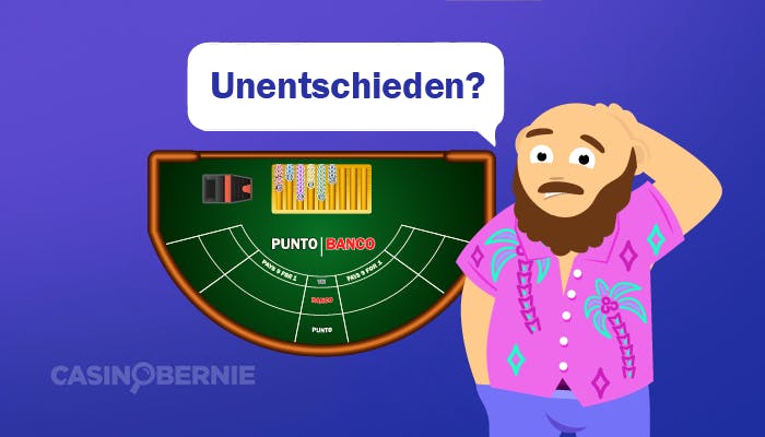 Casinobernie steht neben einem Punto Banco Tisch und fragt sich, wie ein Unentschieden beim Punto Banco funktioniert.