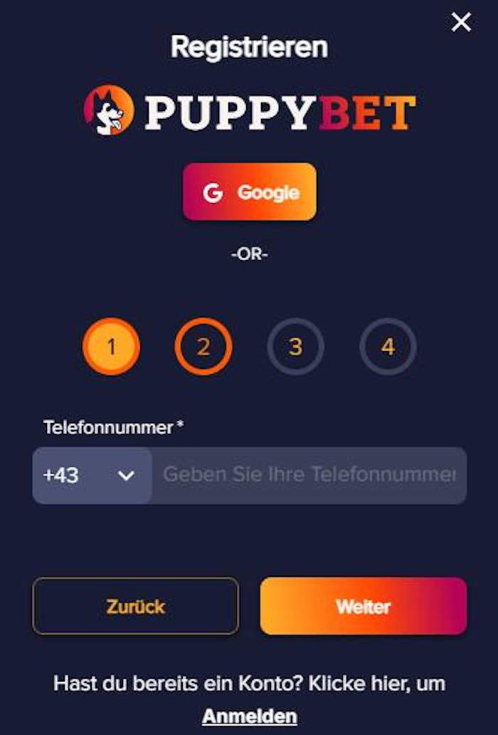 Anmeldeformular im PuppyBet Casino