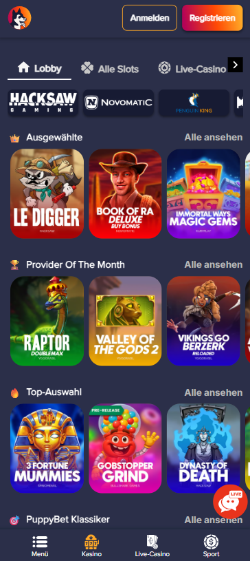 Spiellobby im Puppybet Casino zeigt Spiele wie Book of Ra Deluxe neben anderen Spielkategorien