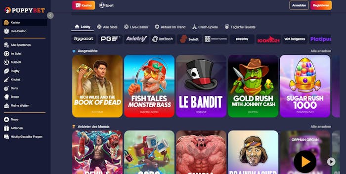 Spiellobby im Puppybet Casino zeigt Spiele wie Book of Dead neben anderen Spielkategorien