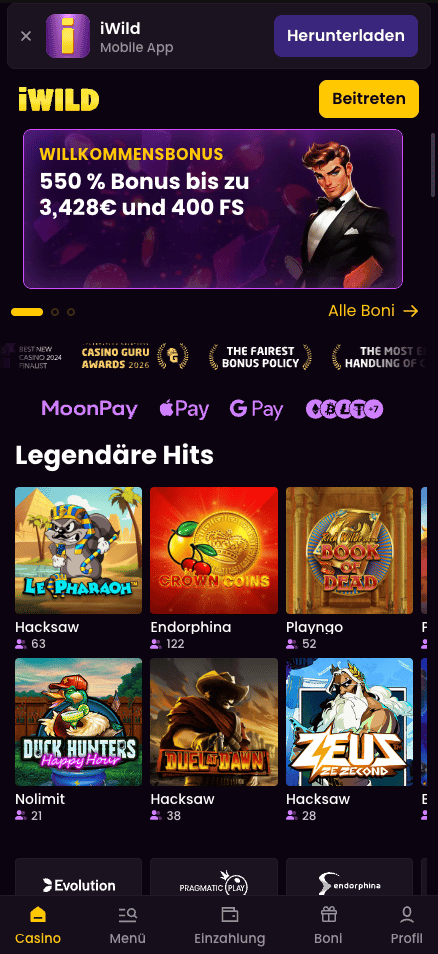 Startseite im iWild Casino zeigt Willkommensbonus und legendäre Hits