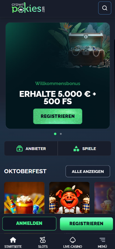 Screenshot vom Crown Pokies Casino mit der Startseite.