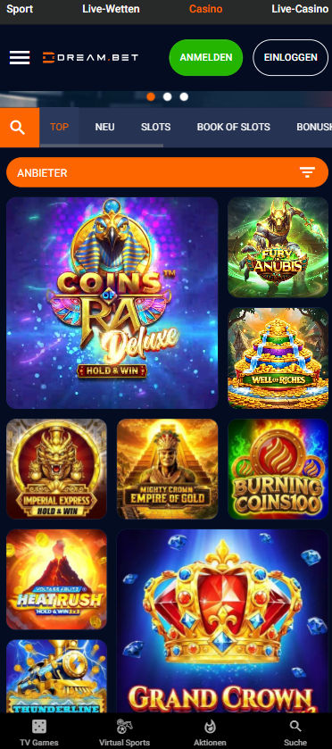 Die Spielauswahl von Dreambet Casino mit vielen verschiedenen Titeln wie Grand Crown