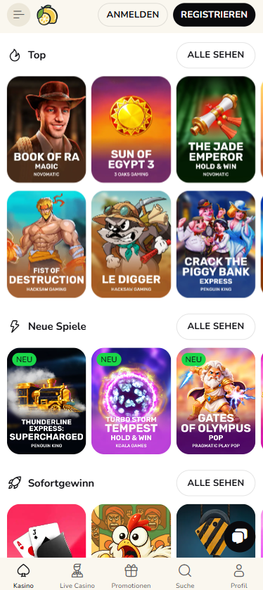 Spiellobby im FatFruit Casino zeigt top Spiele wie Book of Ra Magic neben anderen Spielkategorien