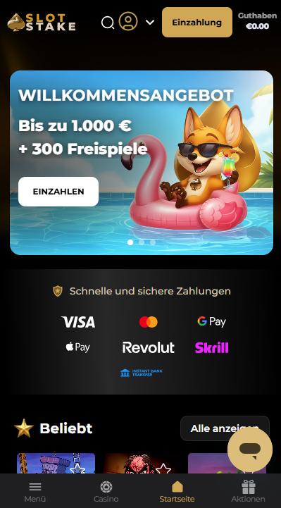 Slotstake Screenshot mit der Startseite und dem Willkommensbonus.