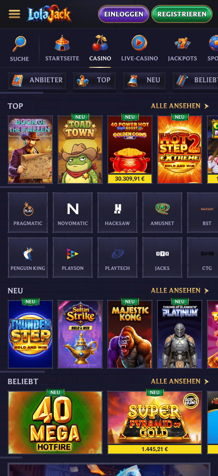 Spiellobby im Lolajack Casino zeigt Spiele wie Book of the Fallen neben anderen Spielkategorien