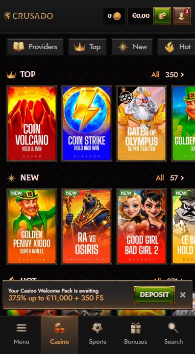 Spielauswahl im Crusado Casino zeigt Spiele wie Coin Volcano neben anderen Spielkategorien