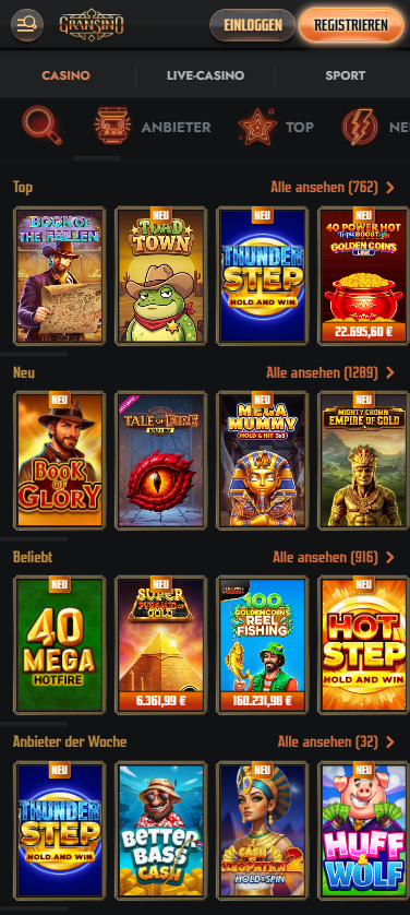 Die Spielauswahl bei Gransino Casino mit vielen verschiedenen Titeln wie Book of Glory und 40 Mega Hotfire