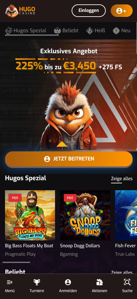 Startseite des Hugo Casinos