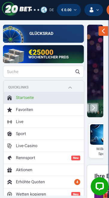 Startseite im 20Bet Casino zeigt Menü