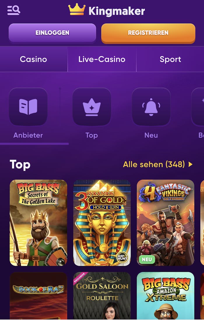 Beispiel für Spiellobby in einem Rabidi NV Casino zeigt Spiele wie Book of Ra neben anderen Spielkategorien
