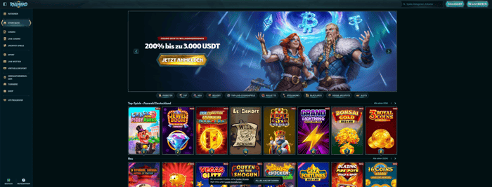 Startseite im Ragnaro Casino zeigt Willkommenspaket, Menü und top Spiele