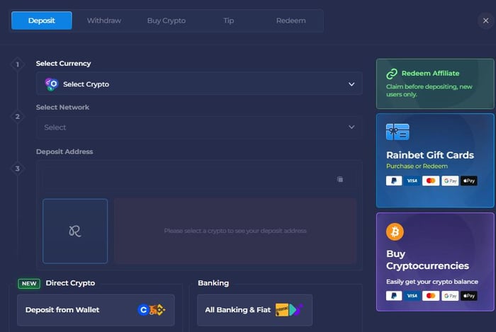 Einzahlungen im Rainbet Casino