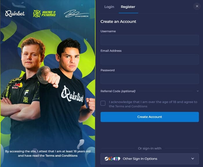 Anmeldeformular im Rainbet Casino