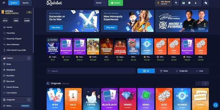 Startseite im Rainbet Casino zeigt Boni, Menü und Spielkategorien
