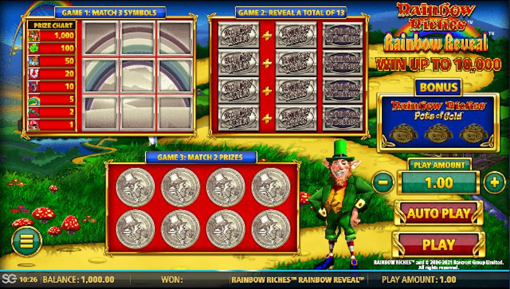 Ein Screenshot aus dem Spiel Rainbow Riches Rainbow Reveal mit verschiedenen Gewinnsymbolen