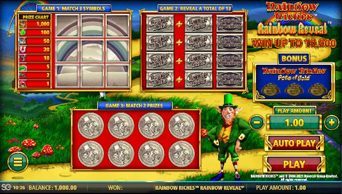 Ein Screenshot aus dem Spiel Rainbow Riches Rainbow Reveal mit verschiedenen Gewinnsymbolen