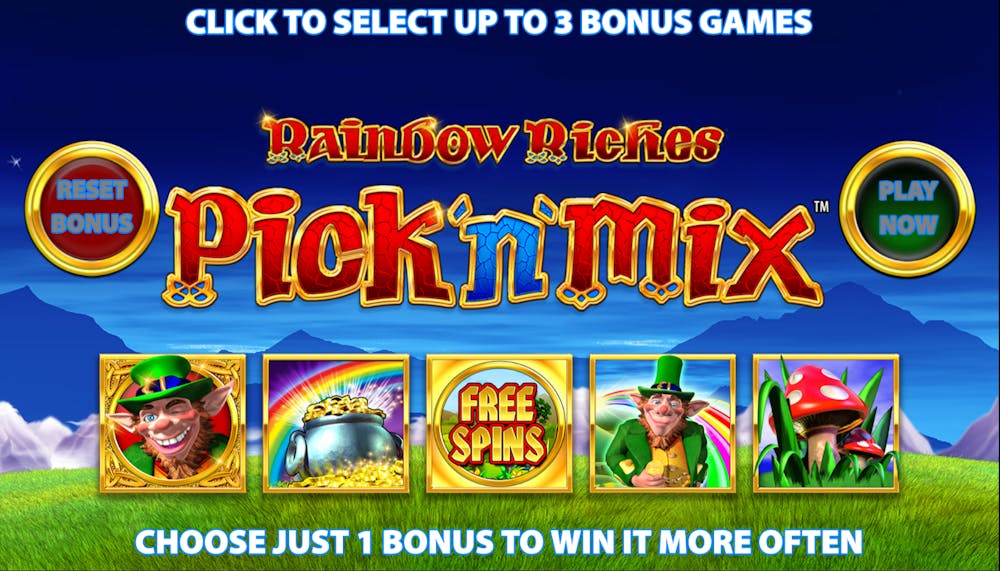 Ein Screenshot aus dem Spiel Rainbow Riches Piles of Cash mit verschiedenen Gewinnsymbolen